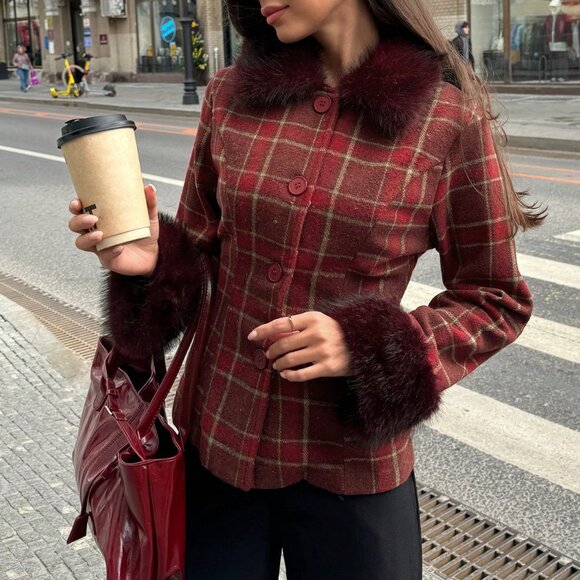 Multicolor Casual Women's Christmas Plaid Faux Fur Jacket - Picture 3 of 8